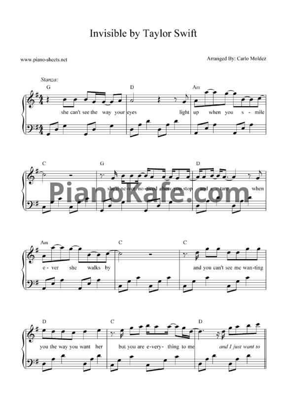 Ноты Taylor Swift - Invisible - PianoKafe.com