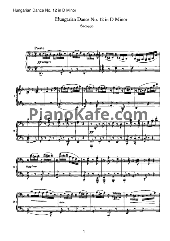 Ноты Иоганнес Брамс - Венгерский танец №12 ре-минор (для фортепиано в 4 руки) - PianoKafe.com