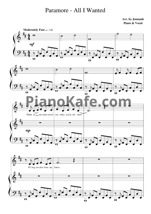 Ноты Paramore - All I wanted - PianoKafe.com