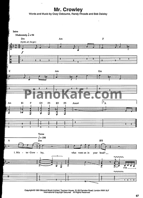 Ноты Ozzy Osbourne - Mr. Crowley (Guitar Tabs & Voice) - PianoKafe.com