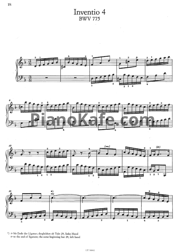 Ноты И. Бах - Инвенция №4 (BWV 775) - PianoKafe.com