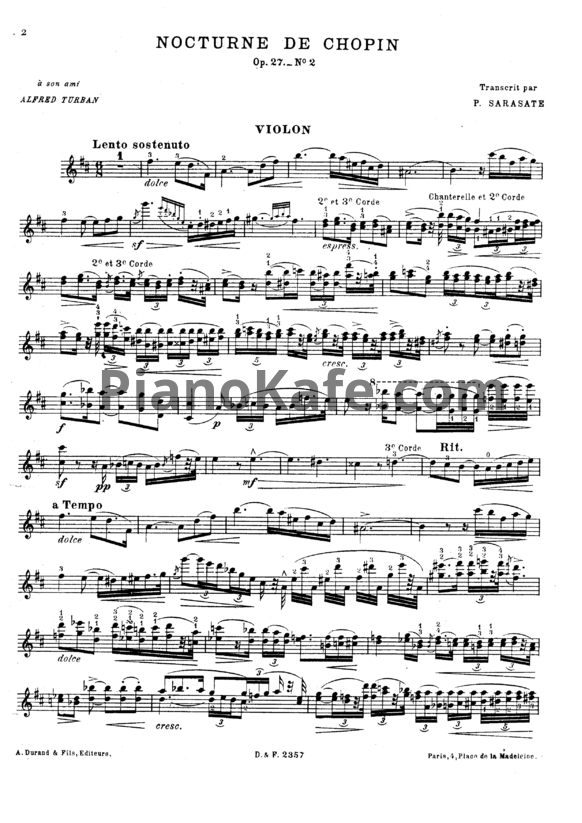 Ноты Фредерик Шопен - Ноктюрн (Op. 27 №2) для скрипки - PianoKafe.com