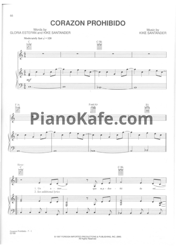 Ноты Gloria Estefan - Corazon prohibido - PianoKafe.com