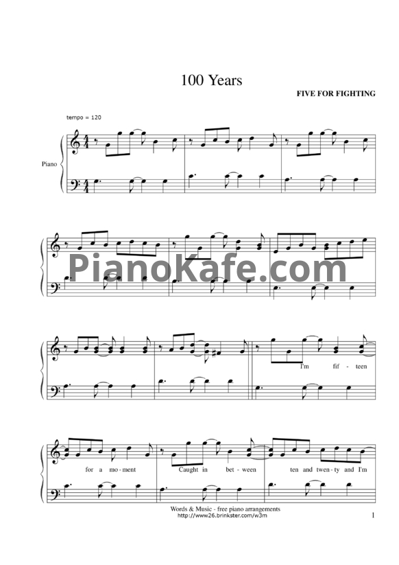Ноты Five for Fighting - 100 Years - PianoKafe.com