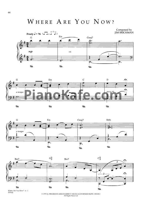 Ноты Jim Brickman - Where are you now? - PianoKafe.com