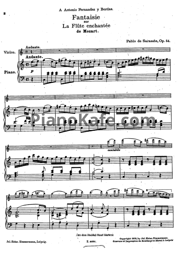 Ноты Пабло де Сарасате - Фантазия на темы оперы В. А. Моцарта "Волшебная флейта" (Соч. 54) - PianoKafe.com