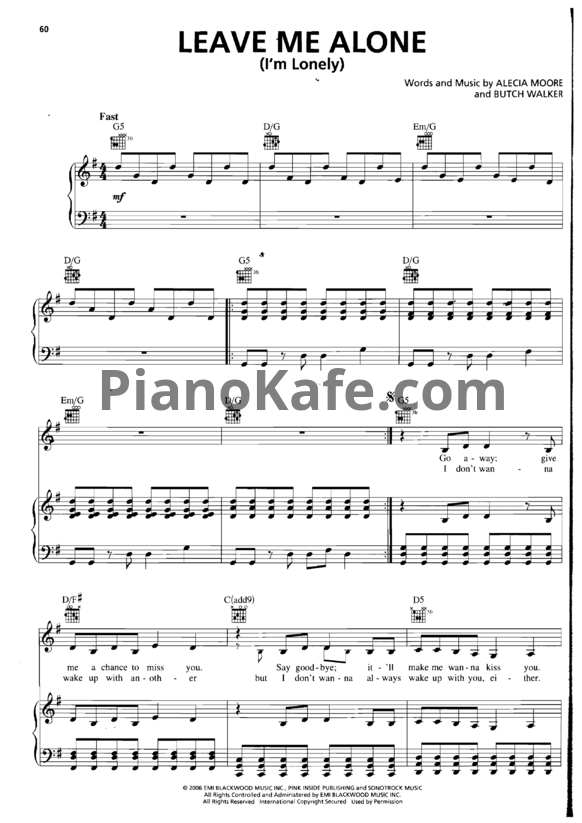 Ноты Pink - Leave me alone (I’m lonely) - PianoKafe.com
