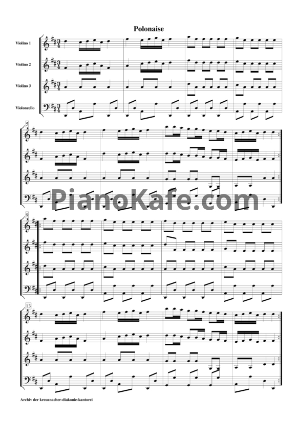 Ноты В. Моцарт - Полонез (Партитура для струнного квартета) - PianoKafe.com