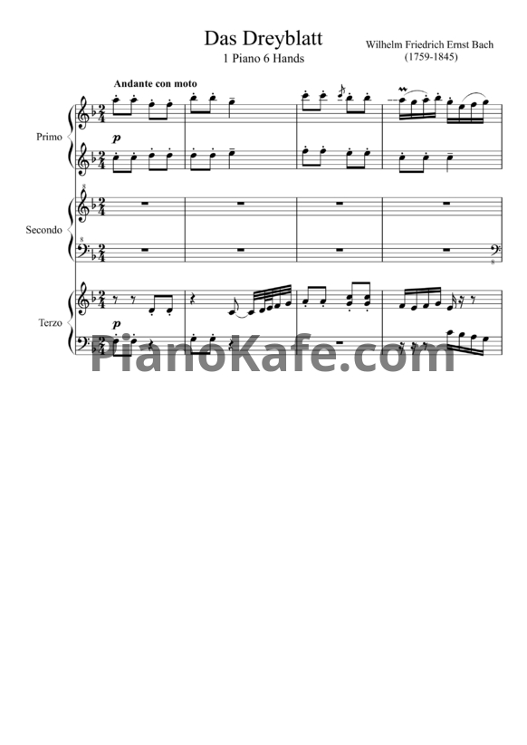 Ноты Вильгельм Фридрих Эрнст Бах - Das Dreyblatt (для фортепиано в 6 рук) - PianoKafe.com