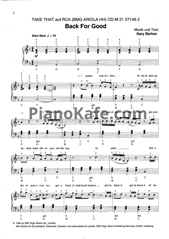 Ноты Take That - Back for good - PianoKafe.com