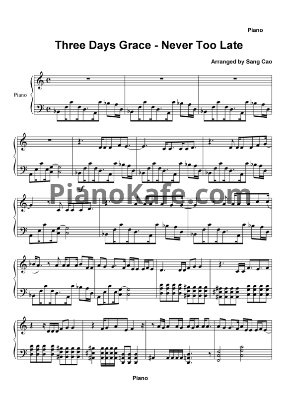 Ноты Three Days Grace - Never too late - PianoKafe.com