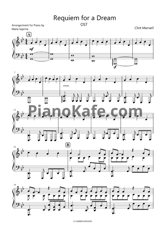 Ноты Clint Mansell - Winter: Lux aeterna (SaprinaPiano cover) - PianoKafe.com