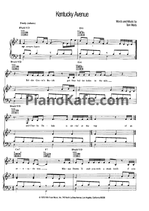 Ноты Tom Waits - Kentucky avenue - PianoKafe.com