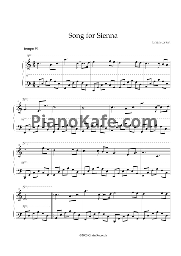 Ноты Brian Crain - Song for Sienna - PianoKafe.com