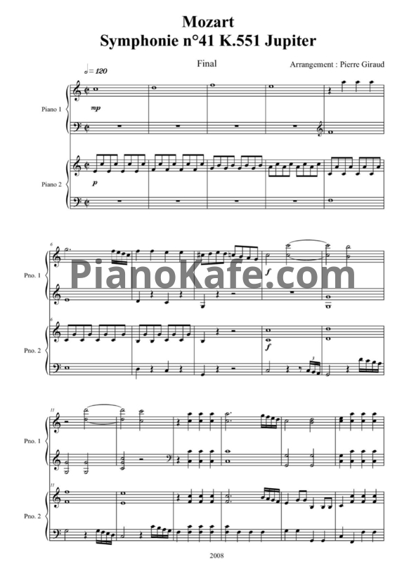 Ноты В. Моцарт - Симфония №45 (K. 551) "Jupiter" для 2 фортепиано - PianoKafe.com