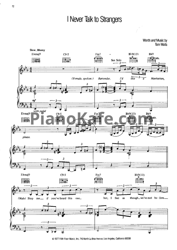 Ноты Tom Waits - I never talk to strangers - PianoKafe.com