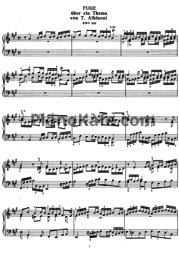 Ноты И. Бах - Фуга ля мажор на тему Т. Альбинони (BWV 950) - PianoKafe.com