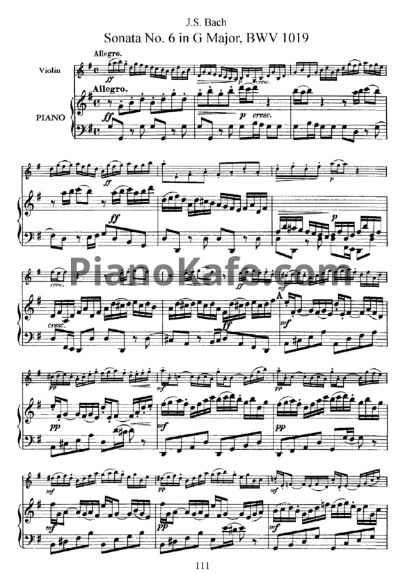 Ноты И. Бах - Соната №6 соль мажор (BWV 1019) - PianoKafe.com