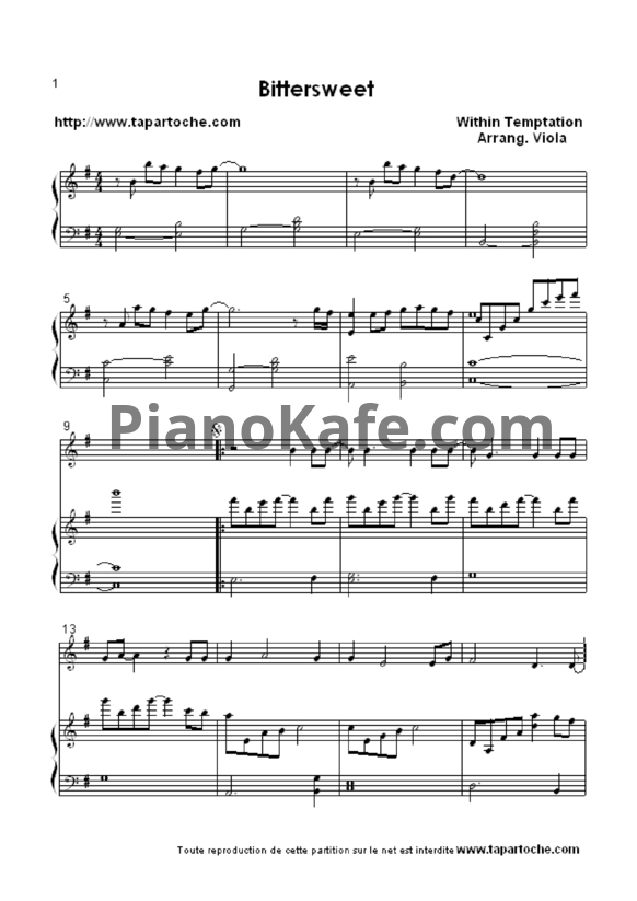 Ноты Within Temptation - Bittersweet - PianoKafe.com