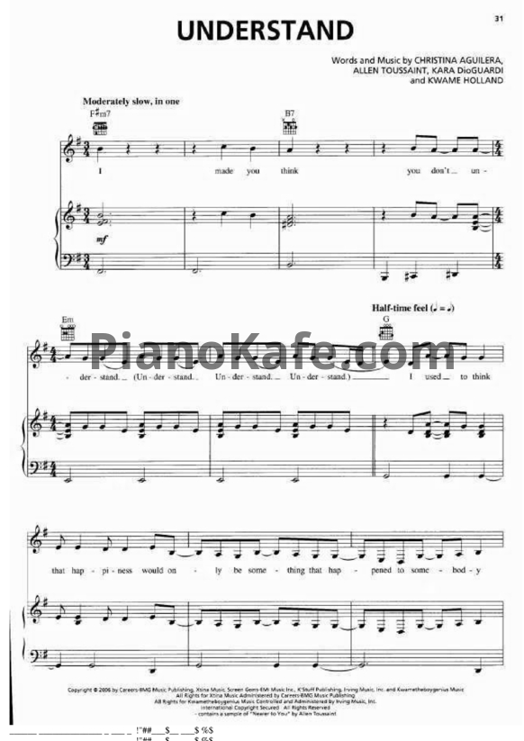 Ноты Christina Aguilera - Understand - PianoKafe.com