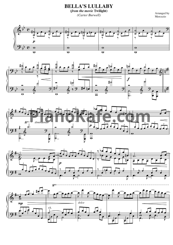Ноты Carter Burwell - Bella's lullaby (Версия 3) - PianoKafe.com