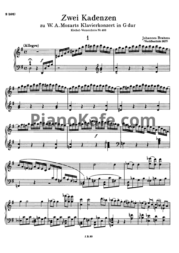 Ноты И. Брамс - 3 каденции для фортепианного концерта Моцарта №17 (К. 453) (№ 1 для первой части, № 2, 3 - для второй ) (WoO 13) - PianoKafe.com