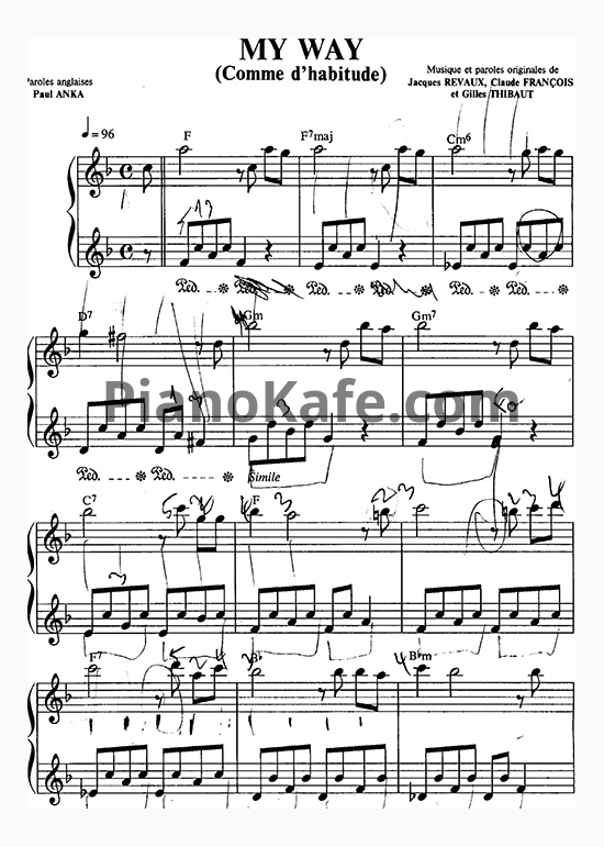Ноты Claude Franсois - My way (Comme d'habitude) in F - PianoKafe.com