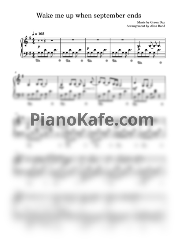 Ноты Green Day - Wake me up when september ends (Arrangement by Alisa Bond) - PianoKafe.com