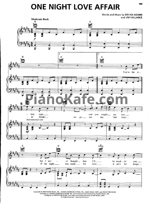 Ноты Bryan Adams - One night love affair - PianoKafe.com