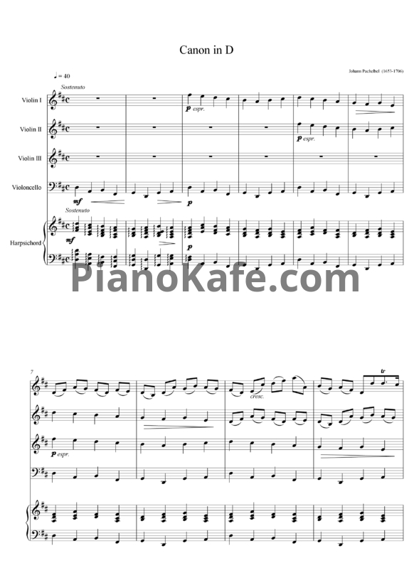 Ноты Иоганн Пахельбель - Канон ре мажор (Партитура) - PianoKafe.com