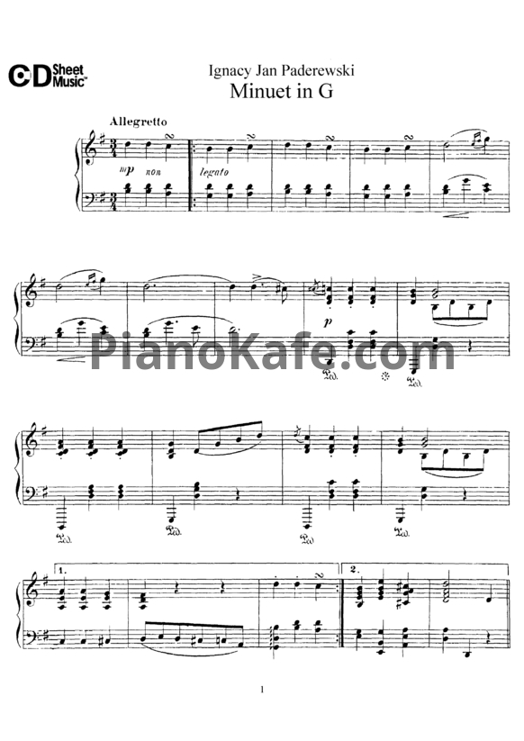 Ноты И. Падеревский - Менуэт соль минор (Op. 14, №1) - PianoKafe.com