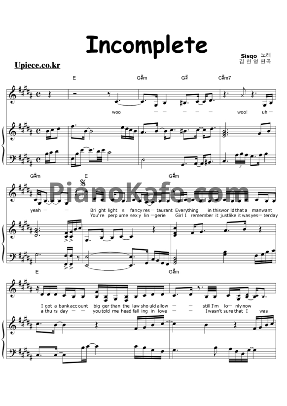 Ноты Sisqo - Incomplete - PianoKafe.com
