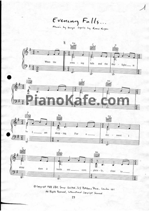Ноты Enya - Evening falls - PianoKafe.com