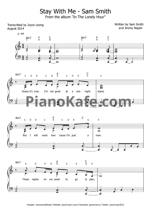 Ноты Sofia Karlberg - Stay with me (Sam Smith cover) - PianoKafe.com