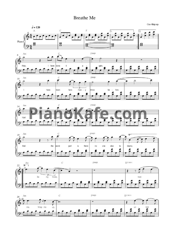 Ноты Sia - Breathe me (Версия 2) - PianoKafe.com