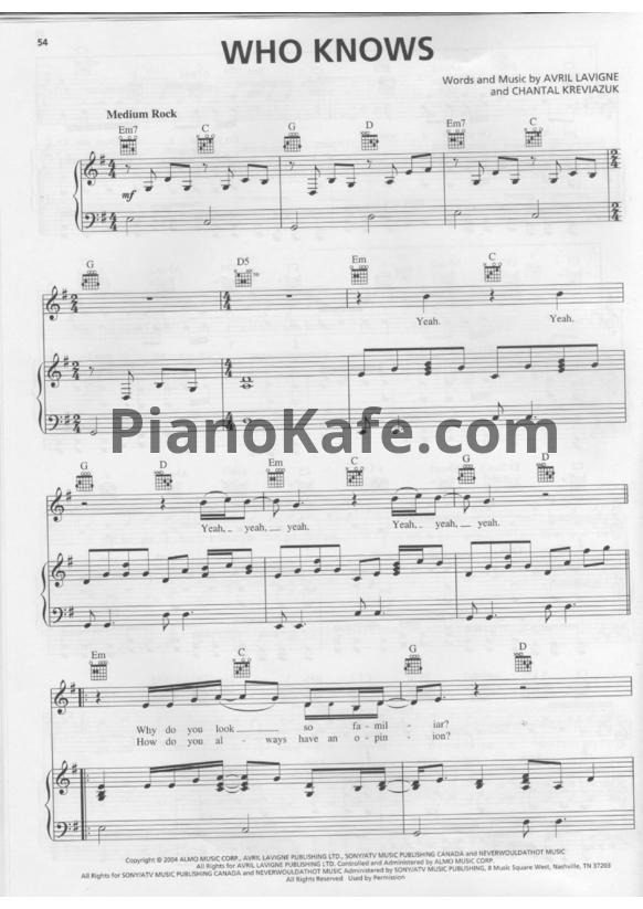 Ноты Avril Lavigne - Who knows - PianoKafe.com