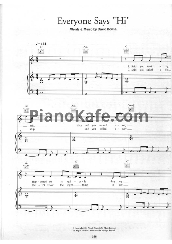Ноты David Bowie - Everyone says "Hi" - PianoKafe.com