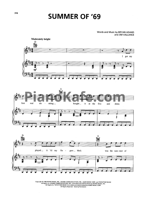 Ноты Bryan Adams - Summer of '69 (Версия 3) - PianoKafe.com