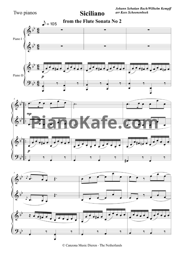 Ноты И. Бах, Wilhelm Kempff - Сицилиана из соната для флейты №2 (для 2 фортепиано) - PianoKafe.com