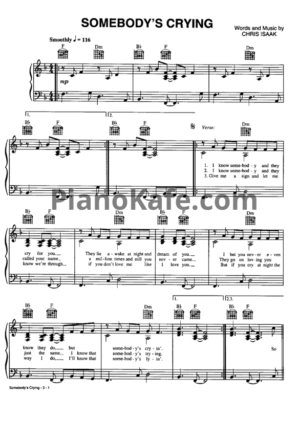 Ноты Chris Isaak - Somebody's crying (Piano solo) - PianoKafe.com