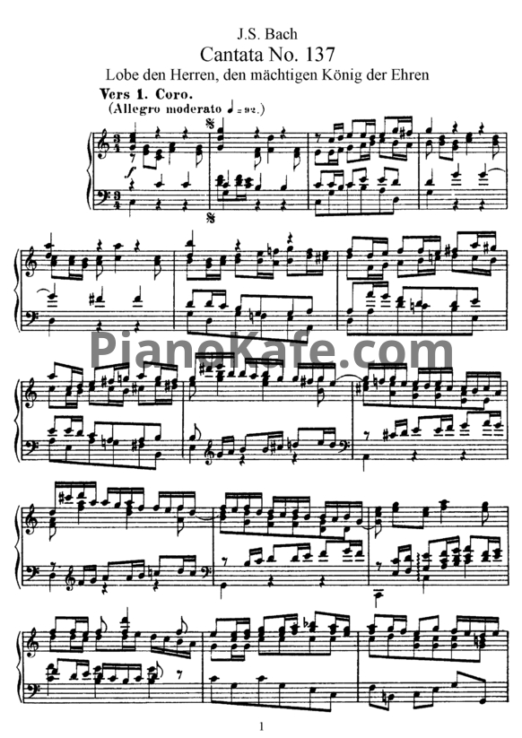 Ноты И. Бах - Кантата №137 "Lobe den herren, den machtigen Konig der Ehren" (BWV 137) - PianoKafe.com