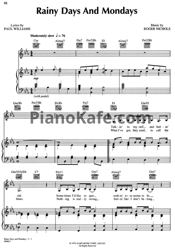 Ноты The Carpenters - Rainy days and mondays - PianoKafe.com