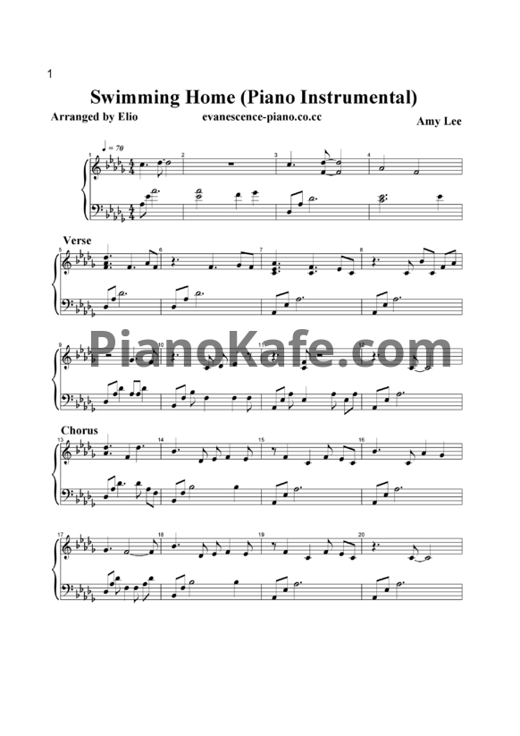 Ноты Evanescence - Swimming home - PianoKafe.com