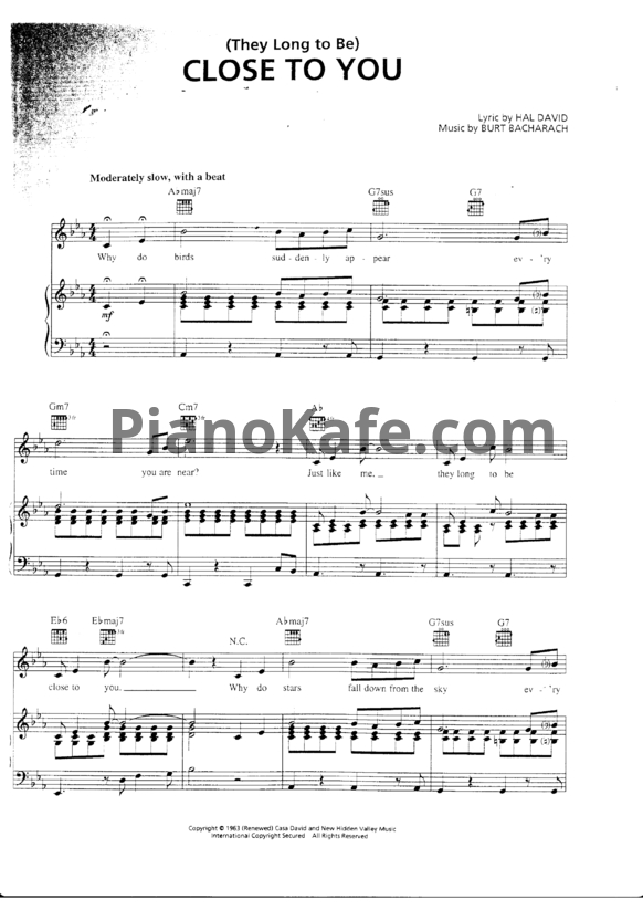Ноты Burt Bacharach - (They long to be) Close to you - PianoKafe.com