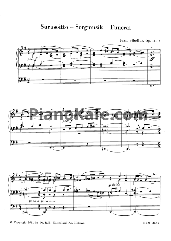 Ноты Ян Сибелиус - Похоронная музыка для органа (Op. 111b) - PianoKafe.com