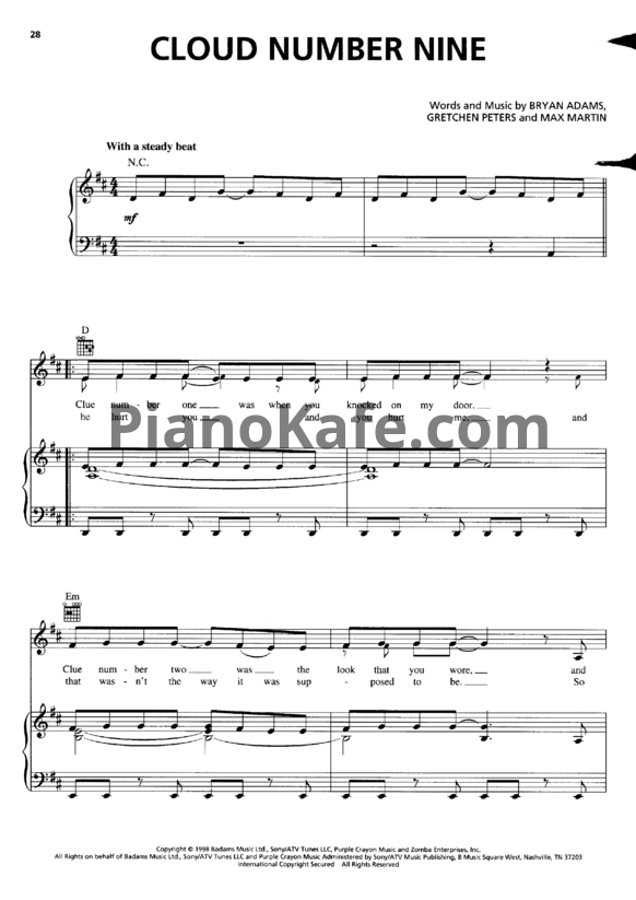 Ноты Bryan Adams - Cloud number nine (Версия 2) - PianoKafe.com