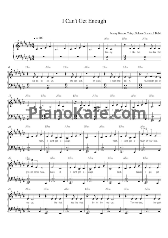 Ноты benny blanco, Tainy, Selena Gomez, J Balvin - I can't get enough - PianoKafe.com