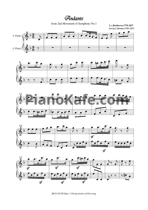 Ноты Л. В. Бетховен - Andante from 2nd Movement of Symphony No. 1 - PianoKafe.com