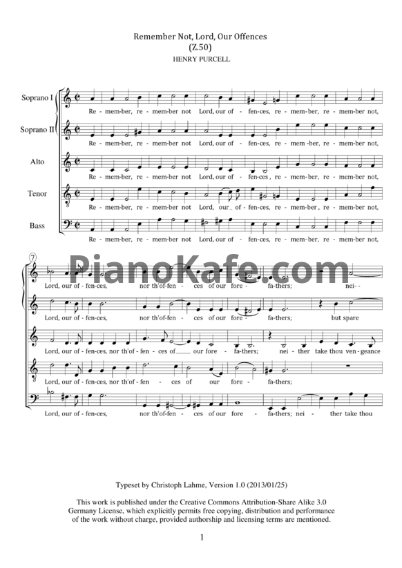 Ноты Генри Пёрселл - Антем "Remember not, O Lord, our offences" (Z 50) - PianoKafe.com