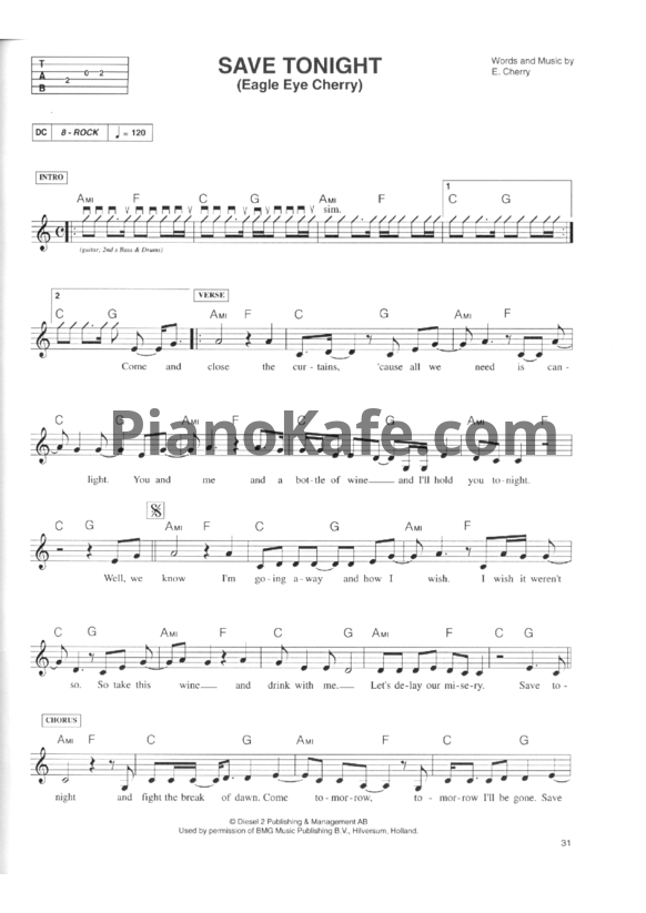 Ноты Eagle-eye Cherry - Save tonight (Вокальная партия) - PianoKafe.com